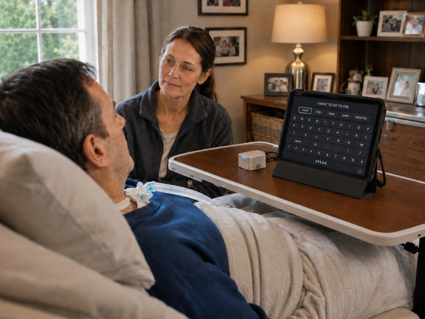 A BlinkTalk screen showing the word suggestion, keyboard and speak buttons